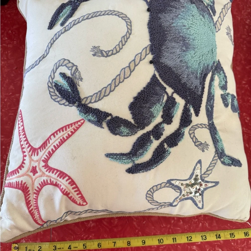 Pier 1 Imports Embroidered Coastal Crab and Starfish Throw Pillow - Blue & Aqua